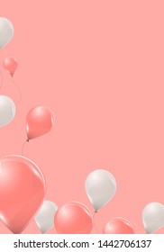 Vector pink and white helium balloons on pink background. Flying latex 3d ballons. 