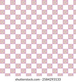 Vector pink and white seamless pattern with checkerbord and retro flowers