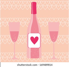 vector pink wine glasses and bottle with hearts background for valentine's day card