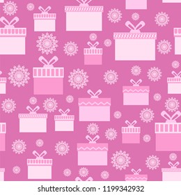 Vector Pink Wrapping Christmas Seamless Paper with Different Boxes and Snowflakes for Gift.