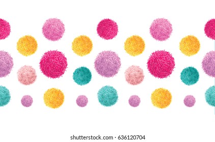 Vector Pink Yellow Colorful Birthday Party Pom Poms Set Horizontal Seamless Repeat Border Pattern. Great for handmade cards, invitations, wallpaper, packaging, nursery designs.