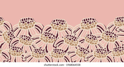 Vector pink yellow daisies border seamless pattern