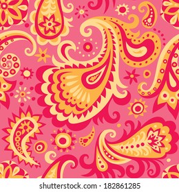 Vector pink and yellow decorative seamless pattern background with abstract floral ornament