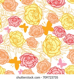 Vector pink, yellow, orange leaves, butterflies, and flowers summer seamless pattern with pastel plants and leaves on white background. Great for vacation themed fabric, wallpaper, packaging.