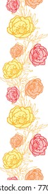 Vector pink, yellow, orange leaves, butterflies, and flowers summer vertical seamless pattern border with pastel plants and leaves on white background. Great for vacation themed fabric, wallpaper