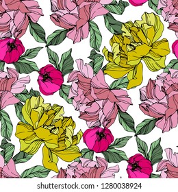 Vector Pink and yellow peony. Floral botanical flower. Wild spring leaf wildflower isolated. Engraved ink art. Seamless background pattern. Fabric wallpaper print texture.