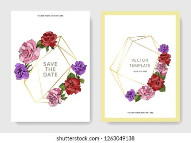 Vector Pink, yellow and purple rose flower on the card. Wedding background card floral decorative border. Thank you, rsvp, invitation elegant card illustration graphic set banner. Engraved ink art.
