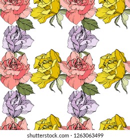 Vector Pink, yellow and purple rose. Floral botanical flower. Engraved ink art. Seamless background pattern. Fabric wallpaper print texture on white background.