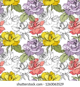 Vector Pink, yellow and purple rose. Floral botanical flower. Engraved ink art. Seamless background pattern. Fabric wallpaper print texture on white background.