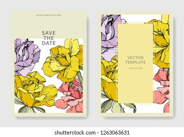 Vector Pink, yellow and purple rose flower on the card. Wedding background card floral decorative border. Thank you, rsvp, invitation elegant card illustration graphic set banner. Engraved ink art.