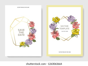 Vector Pink, yellow and purple rose flower on the card. Wedding background card floral decorative border. Thank you, rsvp, invitation elegant card illustration graphic set banner. Engraved ink art.