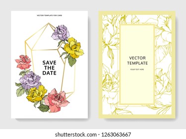 Vector Pink, yellow and purple rose flower on the card. Wedding background card floral decorative border. Thank you, rsvp, invitation elegant card illustration graphic set banner. Engraved ink art.