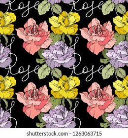 Vector Pink, yellow and purple rose. Floral botanical flower. Engraved ink art. Seamless background pattern. Fabric wallpaper print texture on black background.