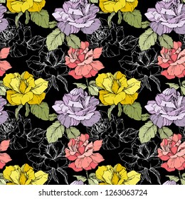 Vector Pink, yellow and purple rose. Floral botanical flower. Engraved ink art. Seamless background pattern. Fabric wallpaper print texture on black background.