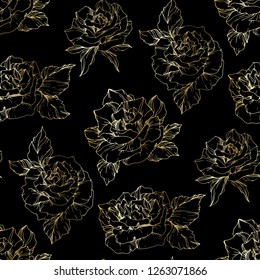 Vector Pink, yellow and purple rose. Floral botanical flower. Engraved ink art. Seamless background pattern. Fabric wallpaper print texture on white background.