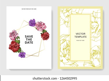 Vector Pink, yellow and purple rose flower on the card. Wedding background card floral decorative border. Thank you, rsvp, invitation elegant card illustration graphic set banner. Engraved ink art.