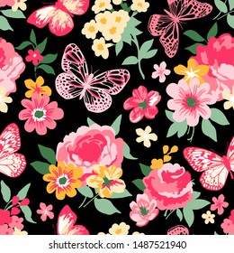 Vector pink and yellow seamless floral pattern with roses, peonies and butterflies on black background