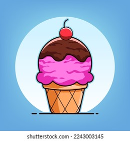 Vector of pink-chocolate ice cream with cherry topping.