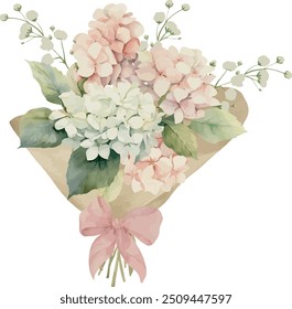 Vector, pink-white hydrangea, wrapped Bouquet, with bow, festive flowers, Watercolor illustration, Greeting cards, invitation, party, baby shower, birthday, event, holiday, wedding card, printable.