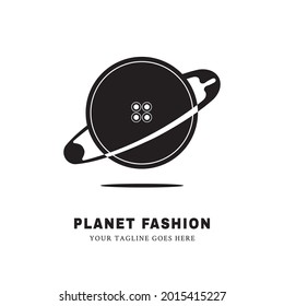 Vector of pins, needles, shirt buttons, yarn, sew, boutiqe, planet fashion logo illustration. Simple abstract design, modern typography. Used for brand, symbol, sign, icon. Isolated background.