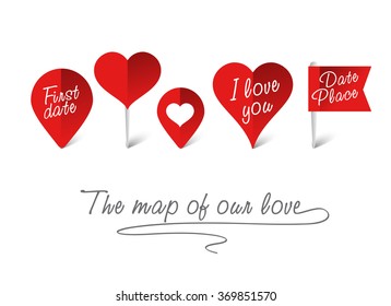 Vector pins for saving the date: First date, First kiss, I love you etc.