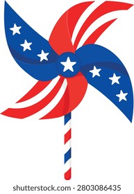 Vector pinwheel decorated with stars and stripes in patriotic colors. Isolated festive sticker ideal for Independence Day celebrations, children's parties, holiday decorations, greeting cards, invitations, banners, and seasonal promotional graphics.