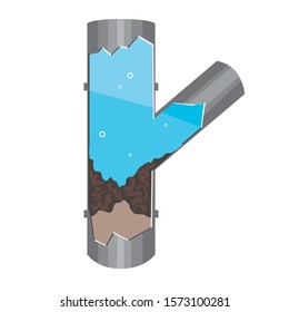 A Vector Pipe Blocked Due To Debris And Water Sludge. Troubles In The Apartment And Clogged Pipes Are Isolated On A White Background. A Flat Single Illustration As A Concept Of Sewer Problems.