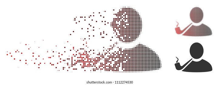 Vector pipe smoker icon in dissolved, dotted halftone and undamaged entire versions. Disintegration effect involves square scintillas and horizontal gradient from red to black.