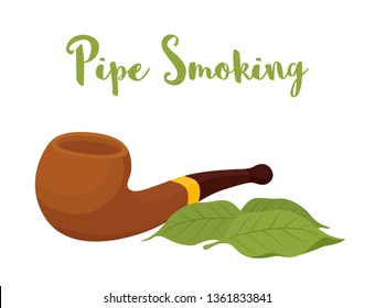 Vector pipe smoking, wooden device with gold element, classic mouthpiece for nicotine. Organic tobacco leaves. Unhealthy habit.