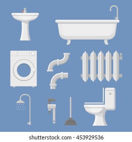 Vector Pipeline plumbing, heater system and Plumber service tools icons set vector