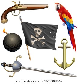 Vector Pirate Accessories Set isolated on white background