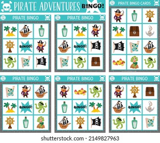 Vector pirate bingo cards set. Fun treasure island lotto board game with cute pirate, ship, mermaid, animals for kids. Sea adventures lottery activity. Simple educational printable worksheet.
