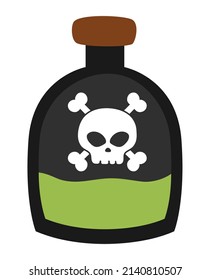 Vector pirate bottle icon. Black glass container illustration. Green poison potion with skull and bones. Marine treasure hunt picture isolated on white background

