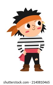 Vector pirate boy icon. Cute sea captain illustration. Treasure island hunter in stripy shirt. Funny pirate party element for kids isolated on white background.
