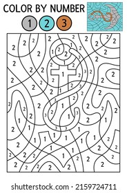 Vector pirate color by number activity with ship anchor. Treasure island scene. Black and white counting game with cute vessel part. Marine sea adventures coloring page for kids
