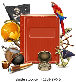 Concepto pirata vector con libro aislado en fondo blanco