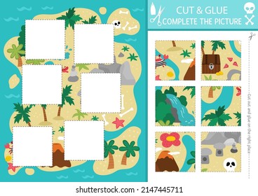 Vector pirate cut and glue activity. Crafting game with cute treasure island map. Fun sea adventures printable worksheet for children. Find the right piece of the puzzle. Complete the picture
