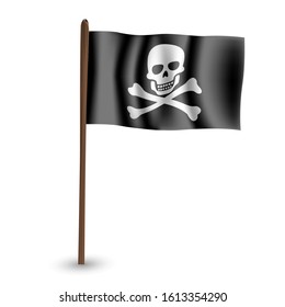 Vector pirate flag on wooden stick, black flag with skull and bones ripple in the wind