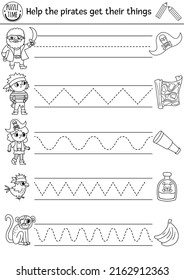 Vector pirate handwriting practice worksheet. Treasure island printable black and white activity for preschool children. Tracing game for writing skills. Coloring page with cute pirates
