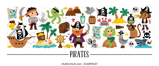 Vector pirate horizontal set with sailors and animals. Sea adventures card template or treasure island design for banners, invitations. Cute illustration with ship, octopus, mermaid, seagull
