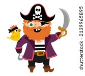 Vector pirate icon. Cute sea captain illustration. Treasure island hunter with red beard, parrot, sward, cocked hat. Funny pirate party element for kids isolated on white background.
