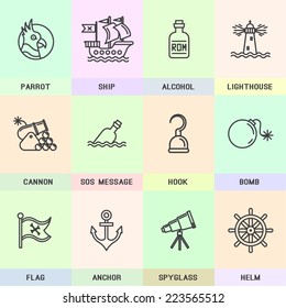Vector pirate icons. Flat line icons, sea??, crime, pirates, schooner, sea, lighthouse, gun ,message for help, bomb, adventure, spotting scopes, anchor.