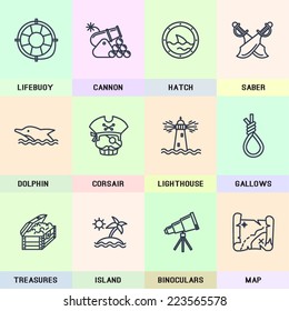 Vector Pirate Icons.Life Buoy, Cannon, Porthole, Saber, Dolphin, Captain, Lighthouse, The Gallows, The Treasure Of Gold, Treasure Island, Map, Spyglass.