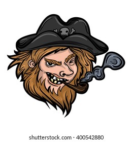 Vector pirate illustration. Angry pirate with pipe portrait.