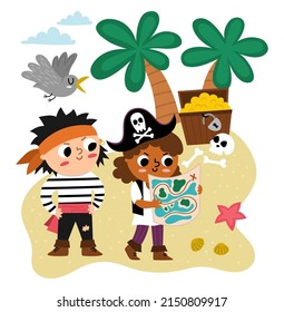 Vector Pirate Kids With Map Looking For Treasure Chest. Cute Treasure Hunt Scene With Children. Tropical Island Hunters Illustration. Funny Pirate Party Element For Kids Isolated On White Background
