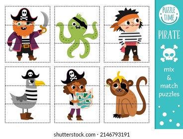 Vector pirate mix and match puzzle with cute characters. Matching treasure island activity for preschool kids. Educational sea adventure printable game with sailor, octopus, monkey, seagull.
