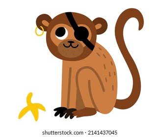 Vector pirate monkey icon. Cute one eye animal illustration. Treasure island hunter with banana skin. Funny pirate party element for kids. Tropic ape picture with eye patch and earring
