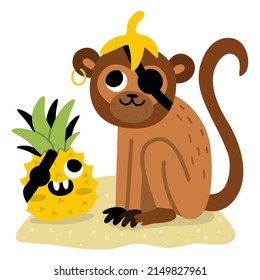 Vector pirate monkey with smiling pineapple. Cute one eye animal and fruit illustration. Treasure island hunter with banana skin. Funny pirate party scene for kids. Tropic ape picture with eye patch
