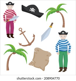 Vector pirate objects collection in cartoon style 
