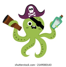 Icono vector de pulpo pirata. Ilustración de animales marinos. Un cazador de islas del tesoro ocular con parche para los ojos, telescopio y botella con mapa. Divertida fiesta pirata para los niños. Imagen de Devilfish
